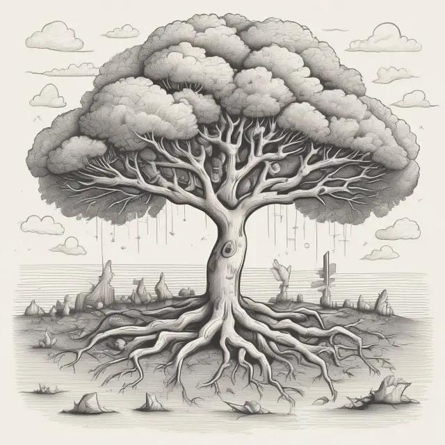 A tree represents the decision-making process, with branches representing judgments influenced by various factors (biases) that act as anchors