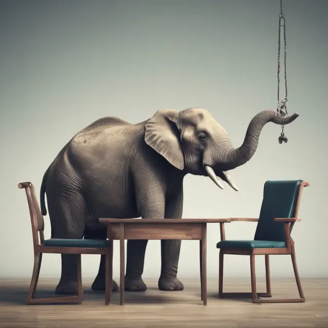 Negotiation scenario featuring an elephant representing an initial, excessively high offer acting as an anchor for subsequent counteroffers