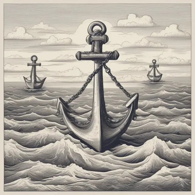 A personified anchoring bias represented as a set of anchors drifting in stormy financial waters, influencing decision making