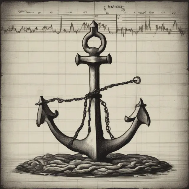 A ship struggling to move forward amidst turbulent financial waters with an anchor symbolizing the impact of anchoring bias on decision-making.