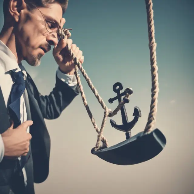 An investor standing on a boat, weighing anchor ropes in hand, signifying the release from financial decision-making biases to make objective choices