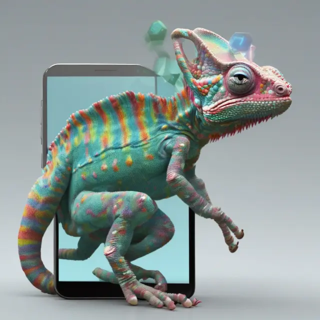 A green chameleon changing color between open-source Android symbols and proprietary software icons. Illustrates Android