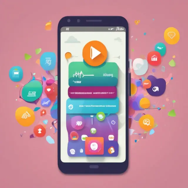 A bustling marketplace with Android robots trading apps, represented by blue and green bubbles, in Google Play
