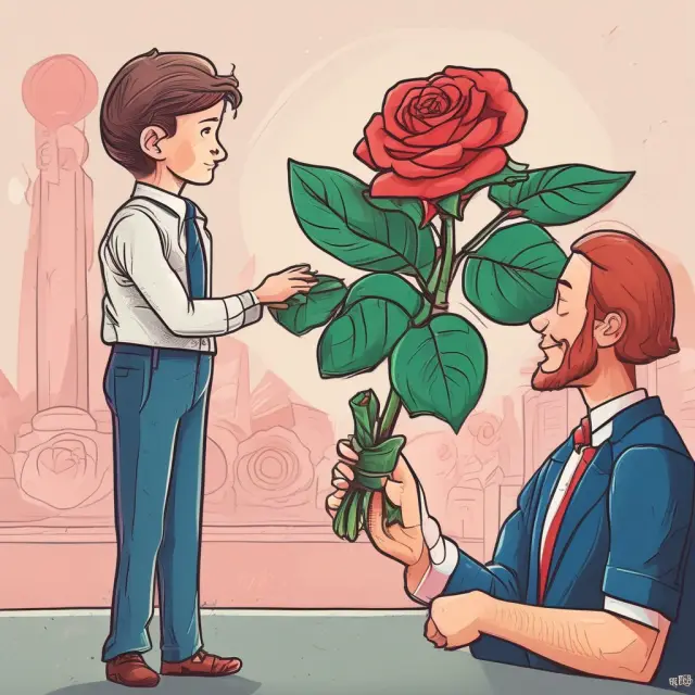 An opulent audience member presents roses to a young plant onstage, representing historical origins of angel investing in theater and entrepreneurship.