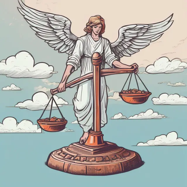 An angel investor holds a scale, weighing the risks (a pile of stones) against the potential rewards (seeds growing into flowers), symbolizing their role in nurturing startups