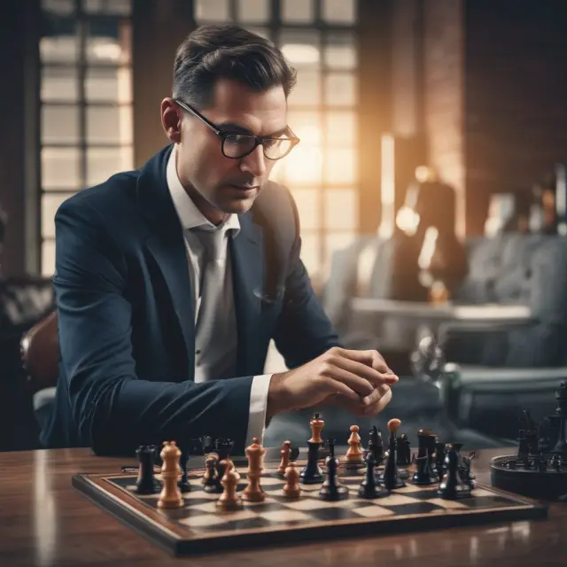 An angel investor contemplates investment strategies - deal flow, due diligence, follow-on, co-investment, and exit - on a chessboard symbolizing investment opportunities