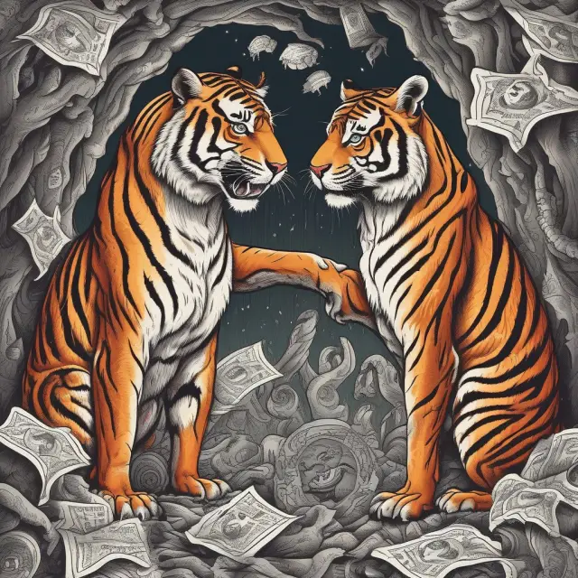 A tiger representing fear and an owl signifying greed interact within a stock exchange backdrop