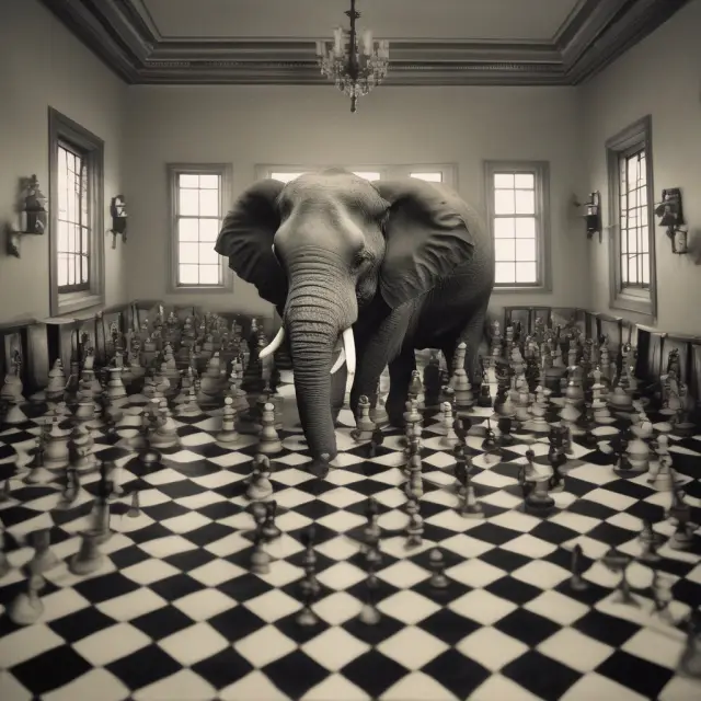 Elephant symbolizing emotions amidst chessboard representing economic decisions, illustrating Keynes