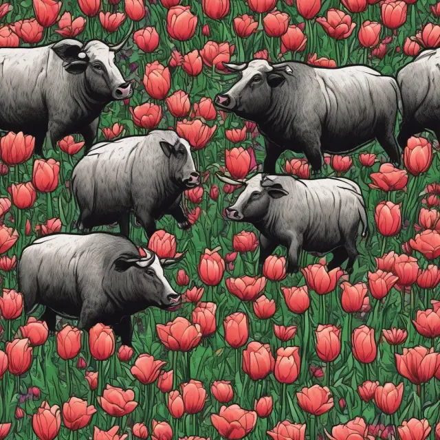 Dotcom Bull and Bear clash in a digital tulip field, depicting the dotcom bubble