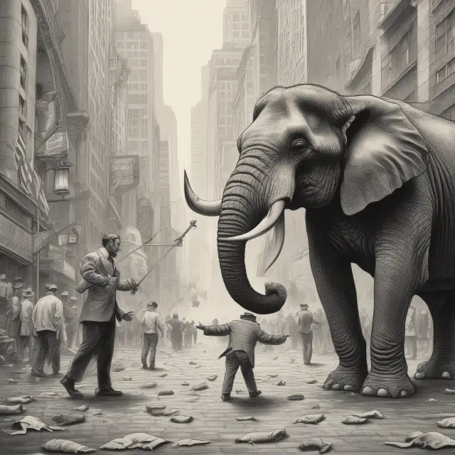 An elephant, symbolizing fear, and an antelope, representing greed, interacting on a bustling Wall Street scene