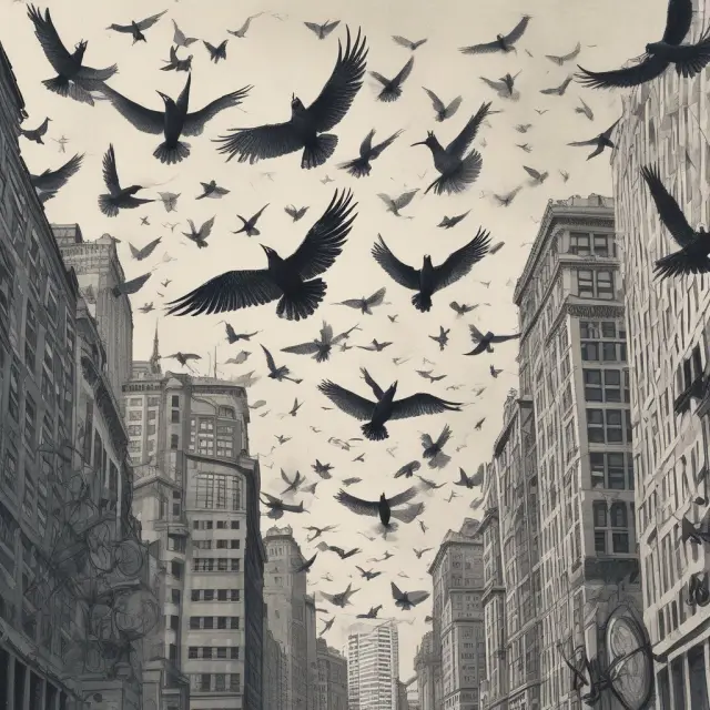 An image of birds flying over a cityscape filled with buildings and financial symbols, illustrating the volatile impact of animal spirits on finance.