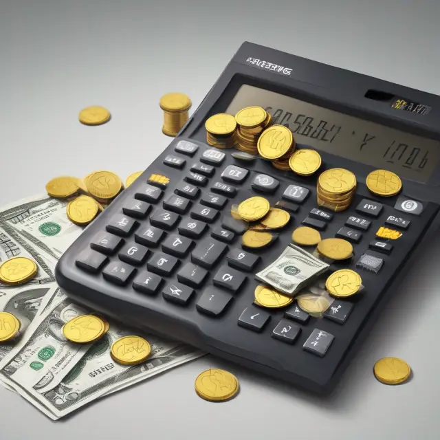 Golden calculator pouring out coins and dollar bills illustrating the calculation of annualized stock returns