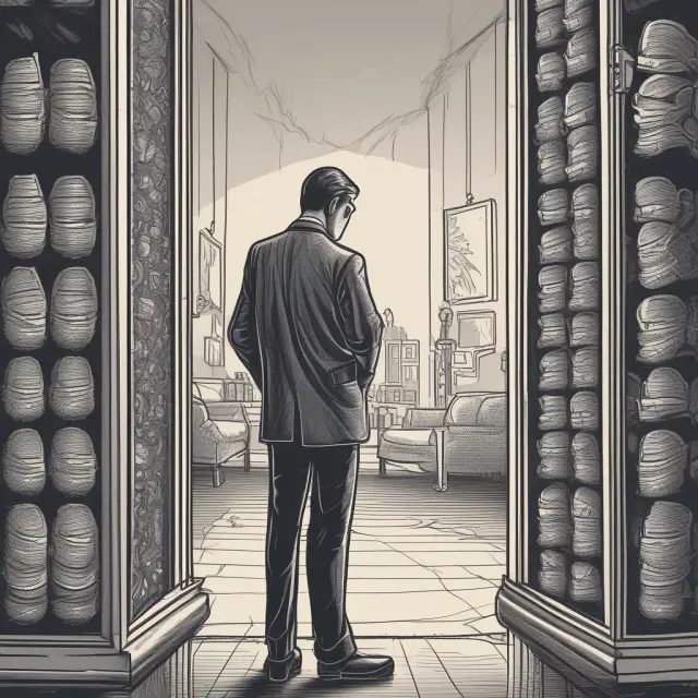An investor examines their reflection in a mirror as compounded annual returns are displayed, showcasing growth and loss trends