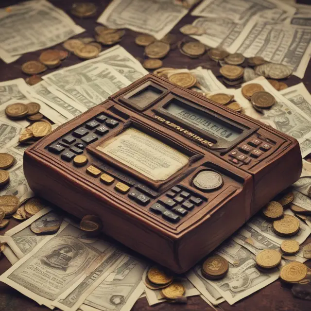 An ancient calculator meticulously crunching numbers with gold coins and bond certificates on its scales, representing the process of determining mutual fund annual returns