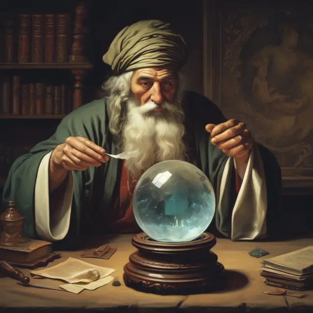 A wise sage gazing into a crystal ball, calculating annualized returns to make informed investment decisions