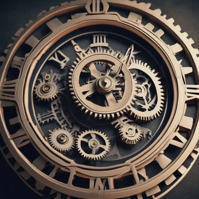 Gears turning on a clock face illustrating business annual turnover rates, with stacked gears representing efficient inventory management and sales performance