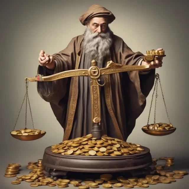 Merchant weighs gold coins symbolizing annualized turnover rates while consulting a compass displaying industry inventory turnover directions