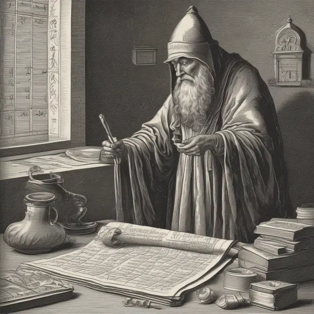 Soothsayer analyzing ancient financial scrolls, converting short-term rates into annualized figures for company performance prediction