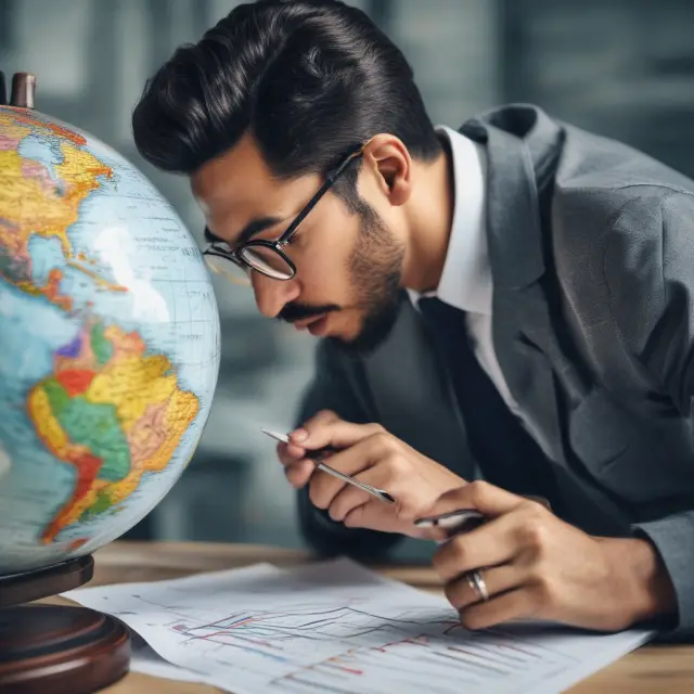 An investor studies annualized returns on a spinning globe, with benchmarks displayed as reference lines, illustrating effective decision-making based on reliable data