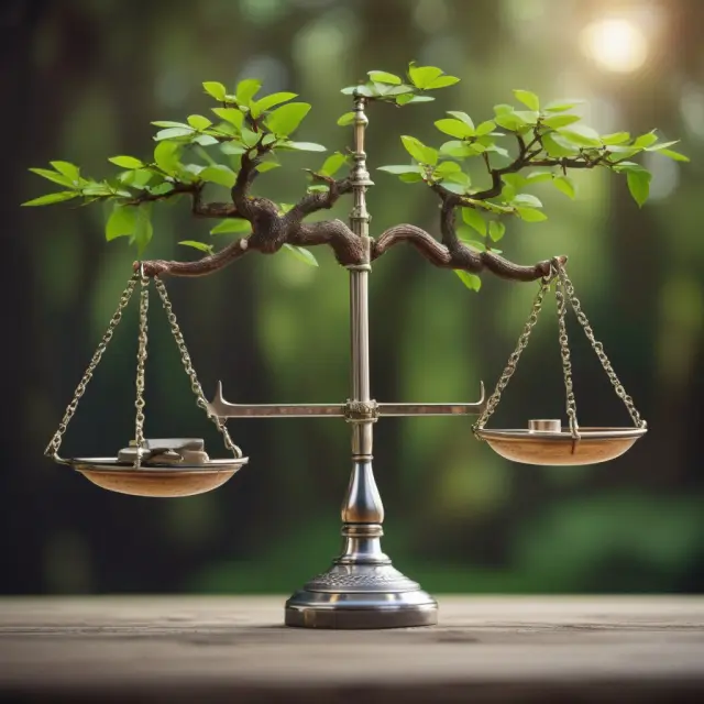 Image: Balance scale with short-term returns on one pan and an annually grown tree representing long-term value on the other