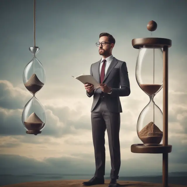 Investor examining annualized returns on a hourglass, comparing stock, bond, and loan performance
