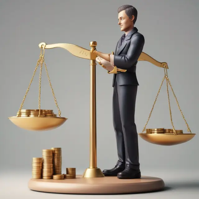 Person calculating annualized income using gold coins and a balance scale to represent the total earned income
