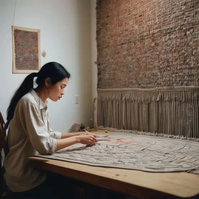 Freelance artist weaving a tapestry with four quarters of varying income colors, guided by IRS Form 2210.