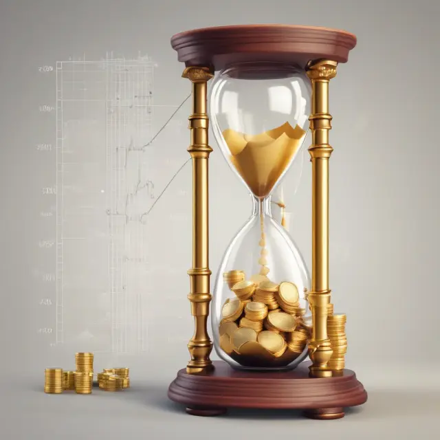 An image of a growth chart with an hourglass filled with golden coins, representing annualized returns and the long-term progress of investments.