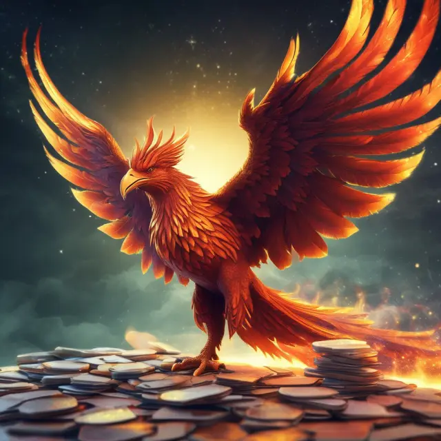 A mythical Phoenix rising from a pile of financial reports, signifying the annual report