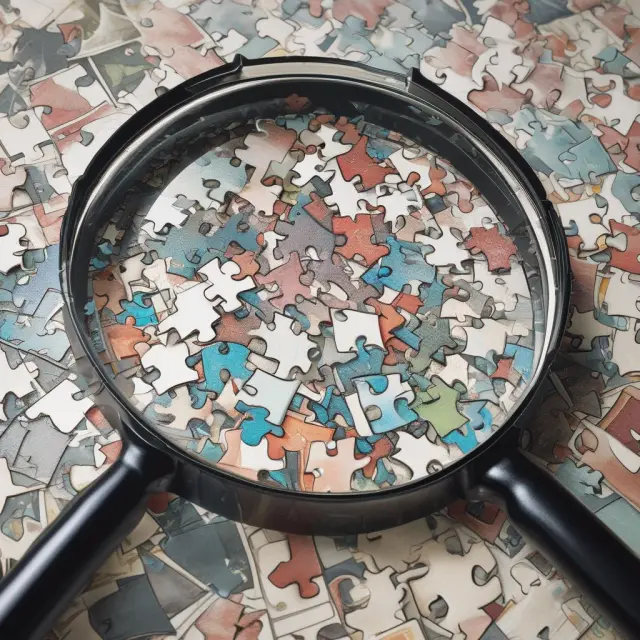 A magnifying glass scrutinizing an annual report puzzle, revealing sections on Letter to Shareholders, Business Description, Financial Statements, Notes, and Auditor