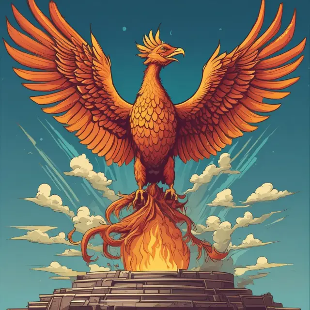 A mythical phoenix emerging from a pile of GAAP books, symbolizing the challenge and triumph of creating an annual report.