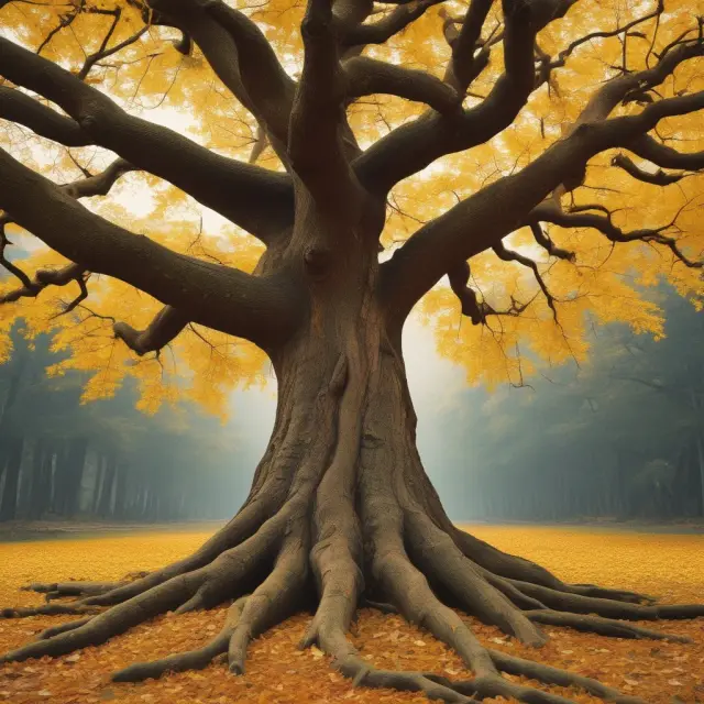 An ancient tree with golden leaves, representing annuity payments. Some leaves are collected by the IRS (IRS agent), while others remain untouched for employer pension plan holders