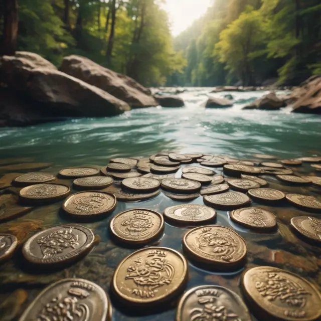 Ancient coins steadily flowing into a river, representing the consistent income from annuities that helps manage risks during volatile markets