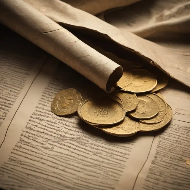 An ancient scroll illustrating the complexities of calculating annuity payouts, with gold coins representing the financial benefit flowing through it.