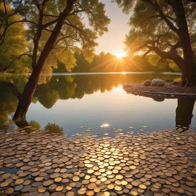A golden sun setting over a serene pond, coins gradually emerging from the water to symbolize guaranteed income streams through annuitization