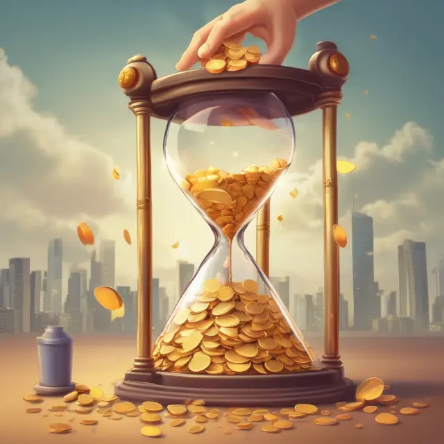 Golden hourglass pours coins into a bucket, representing annuitization process and its continuous income payouts