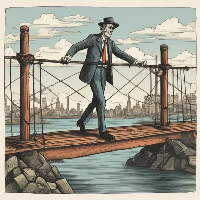 An investor navigating a wobbly bridge, symbolizing the challenge of surrender periods during annuity investments