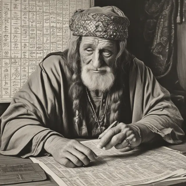 Fortune teller assessing the suitability of an intricate annuity chart for a couple, symbolizing the importance of financial planning and expert advice.