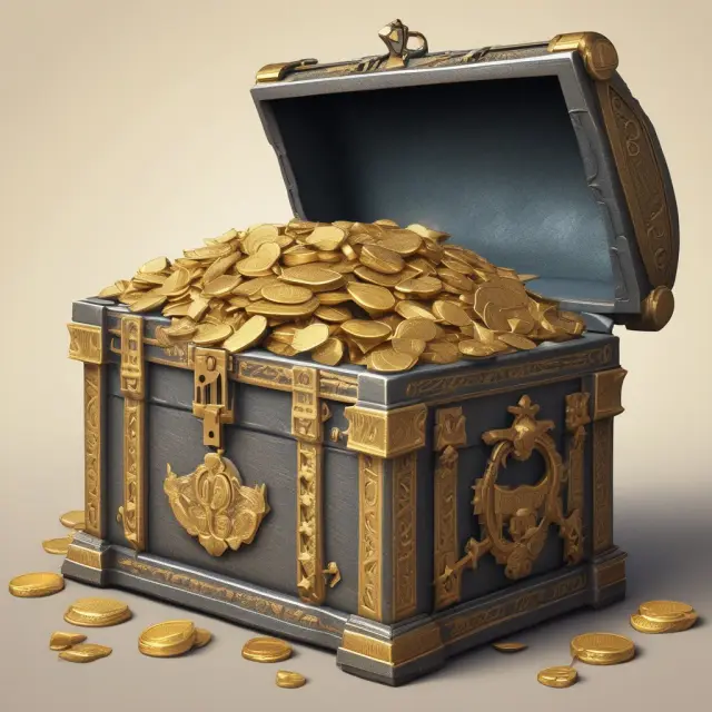 Golden annuities spilling from an ancient chest, representing guaranteed income, longevity risk hedging, and tax deferral benefits.
