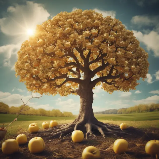 Golden apple tree laden with annuity fruits surrounded by 401k, 403b, and other employer-sponsored retirement plans
