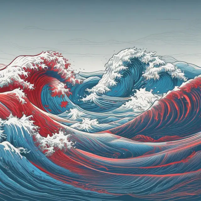 Two waves representing market anomalies - January Effect in blue, and September Effect in red - meeting at the shoreline for arbitrage strategies.