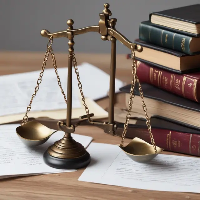 Balanced scales represent justice, legal documents symbolize contracts, and the shield illustrates a mitigation strategy to minimize losses