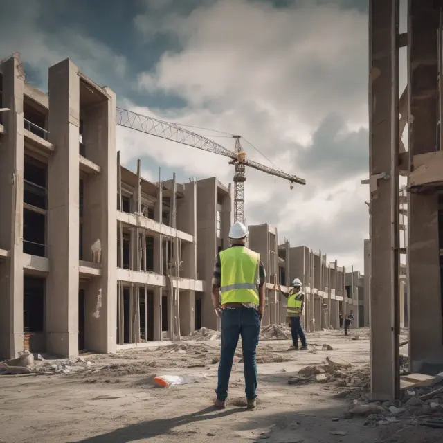 An abandoned construction site with a developer and contractor standing before an unfinished housing development, symbolizing an anticipatory breach in contract law.