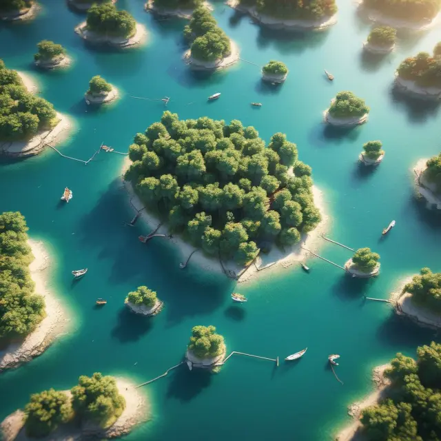 A calm body of water with interconnected islands representing clear communication and well-drafted contracts to prevent anticipatory breaches