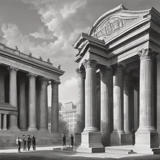 Three pillars symbolizing the Sherman, Clayton, and Federal Trade Commission Acts, representing fair competition and antitrust laws.