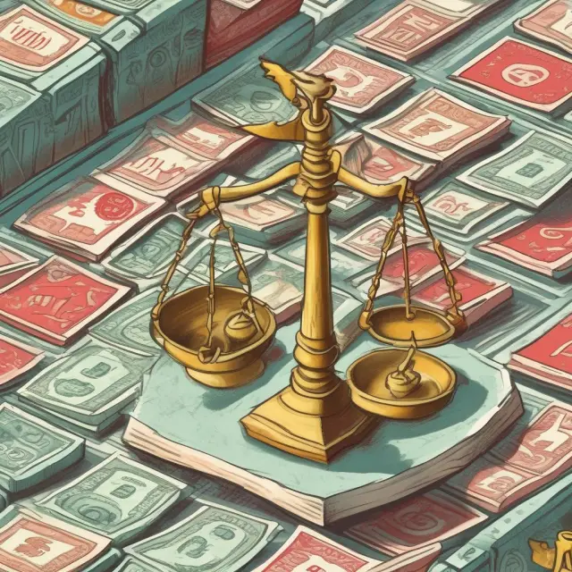 A marketplace where a pair of scales tips either way between competition and monopolies, with antitrust regulators balancing them
