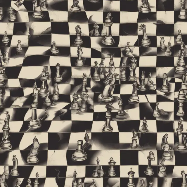An antique chessboard with dynamic pieces representing tech companies adapting to regulations, including Google, Amazon, Apple, and Facebook, emphasizing international cooperation and AI innovation