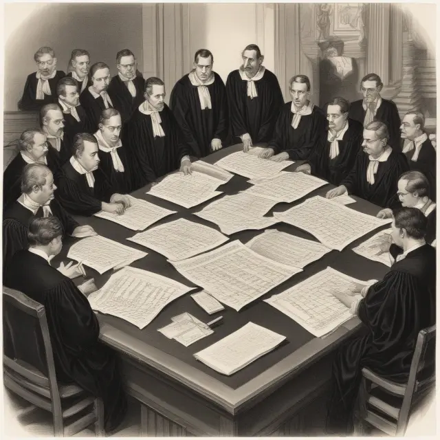 Judges examining stock charts at an appellate court, emphasizing the role of judicial review in finance.