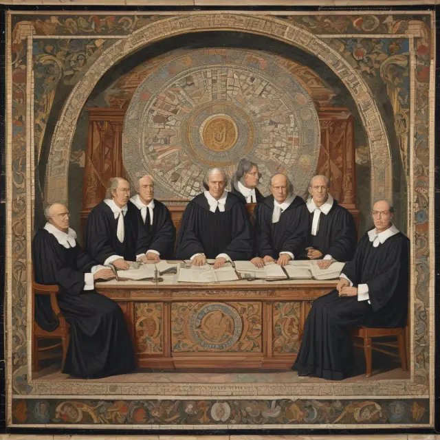 Appellate judges reviewing a collage of lower court decisions for errors