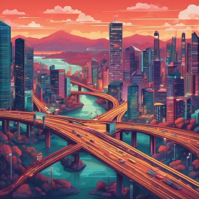 A trader standing on a bridge, data streams flowing from various sources into their custom automated strategy application through APIs